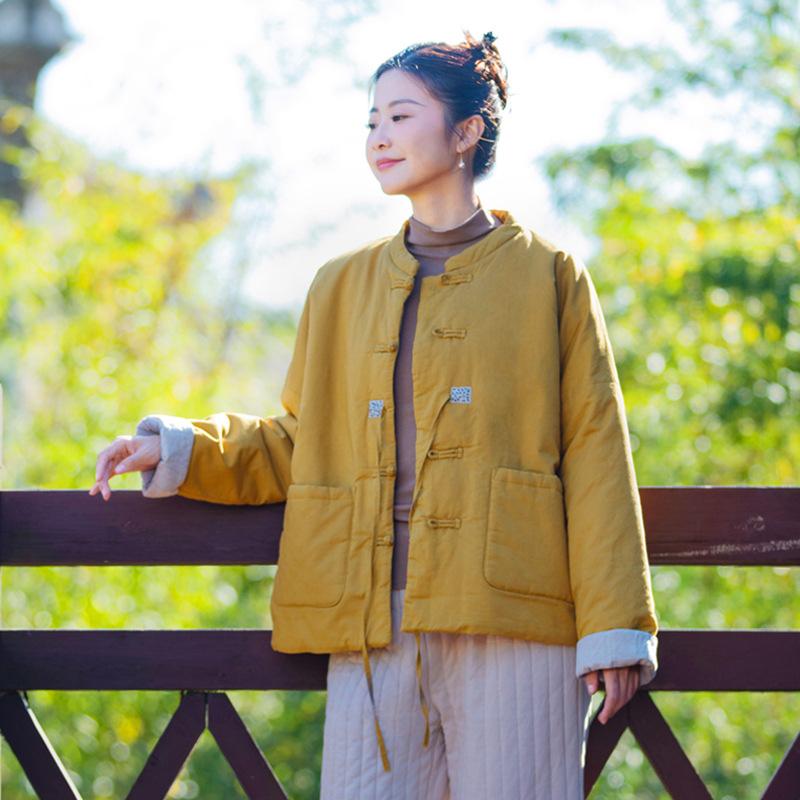 25 In Winter, Stand-up Collar, Placket Buckle, Thickened Padded Jacket, Women's Handmade Embroidery Thread, Lace-up Linen Short Padded Jacket