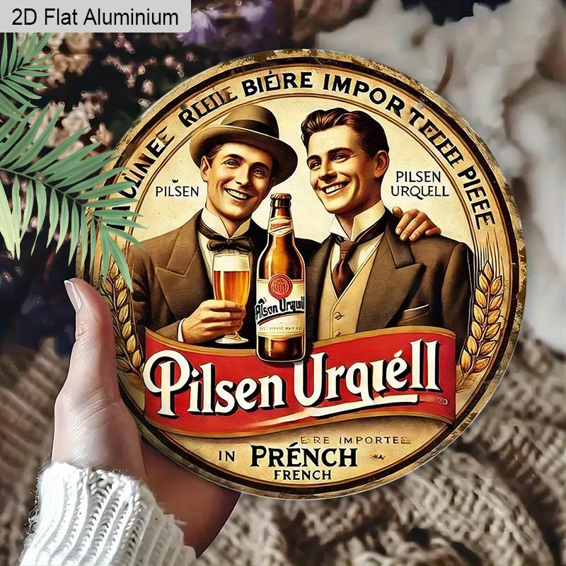 Двумерная плоская алюминиевая ретро круглая металлическая табличка Pilsner Urquell Реклама пива, Винтажный настенный декор с веревкой для подвешивания, Декор в стиле рустик-шик для дома