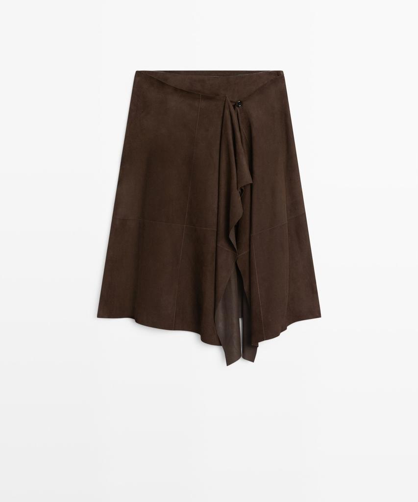 Masimodutti Suede Leather Ruffle Detail Midi Skirt
