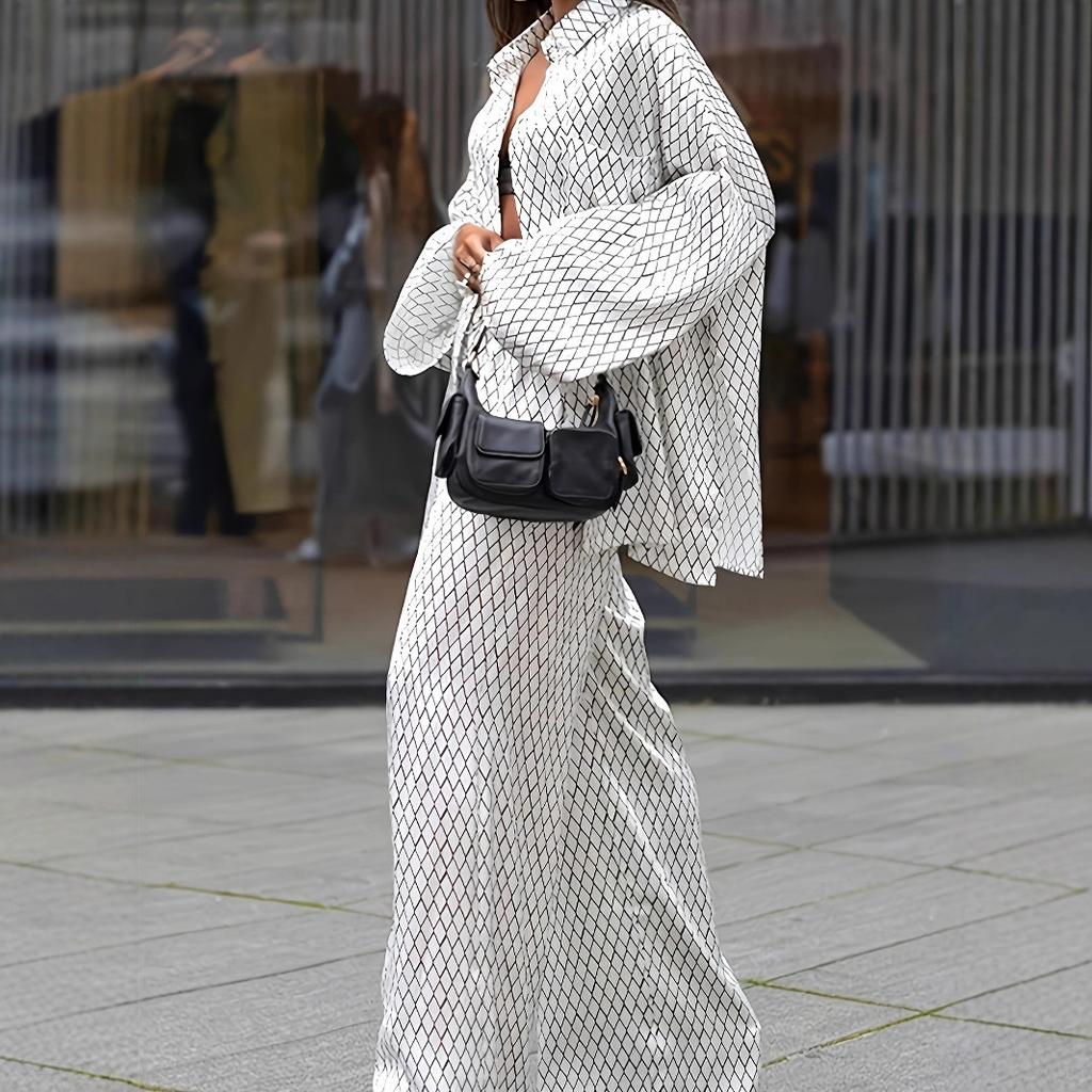 Модный принт, свободный и удобный комплект для женщин с длинными рукавами и длинными брюками, тонкий, для лета