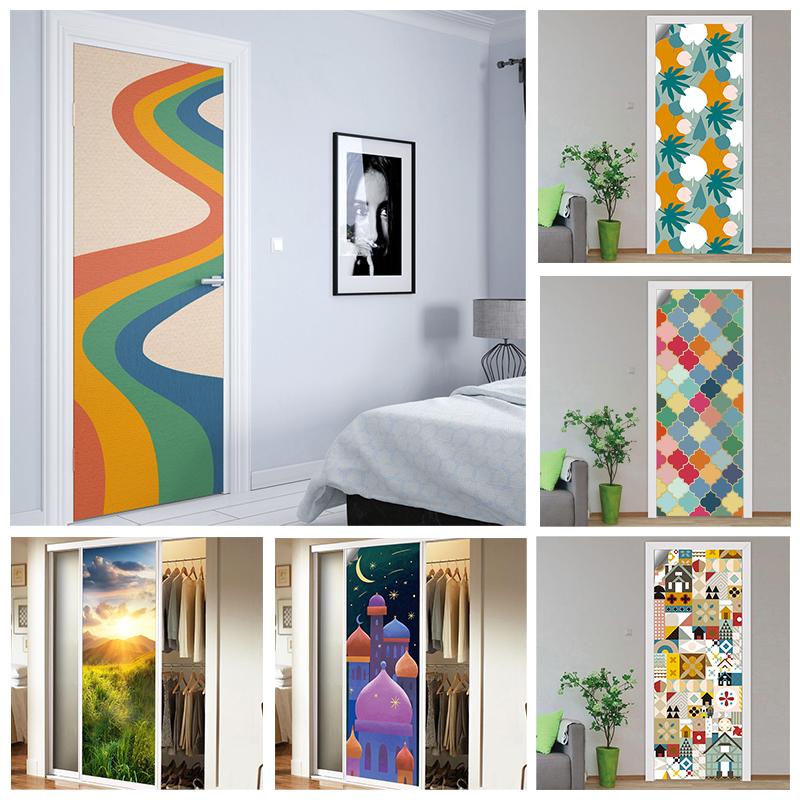PVC Full Door Stickers Wall Decoration Bedroom Kids Room Cartoon 3D Wallpaper Abstract Line Wardrobe Home Renovation Art Murals