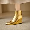 Women's Wedges Boots Gold Silver Pointed Toe Shoes 2024 Autumn Winter Ankle Boots Comfy French Concise Footwear
