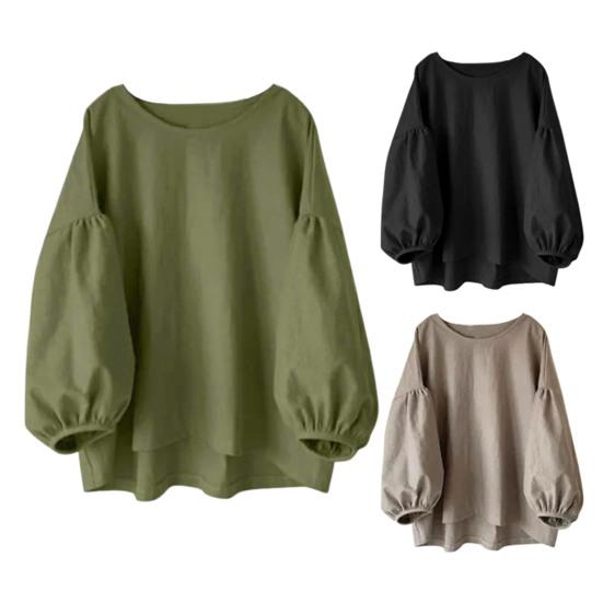 Женские топы с круглым вырезом, пышные, с длинным рукавом, однотонные, свободные, повседневные, блузки, универсальная повседневная одежда
