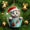 Christmas Pendant 2D Acrylic Cat Sitting Mug Charm Hanging Decor with Lanyard Holiday Party Decoration