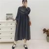 Women Emboridery Floral Vintage Linen Loose Dress Autumn Solid Color Ruffles Full Sleeve Female Dresses
