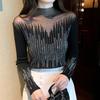 Sexy Hollow Hot Diamond Knitted Sweater for Women's Pullover Sweater Elastic Mesh Lace Bottom Top