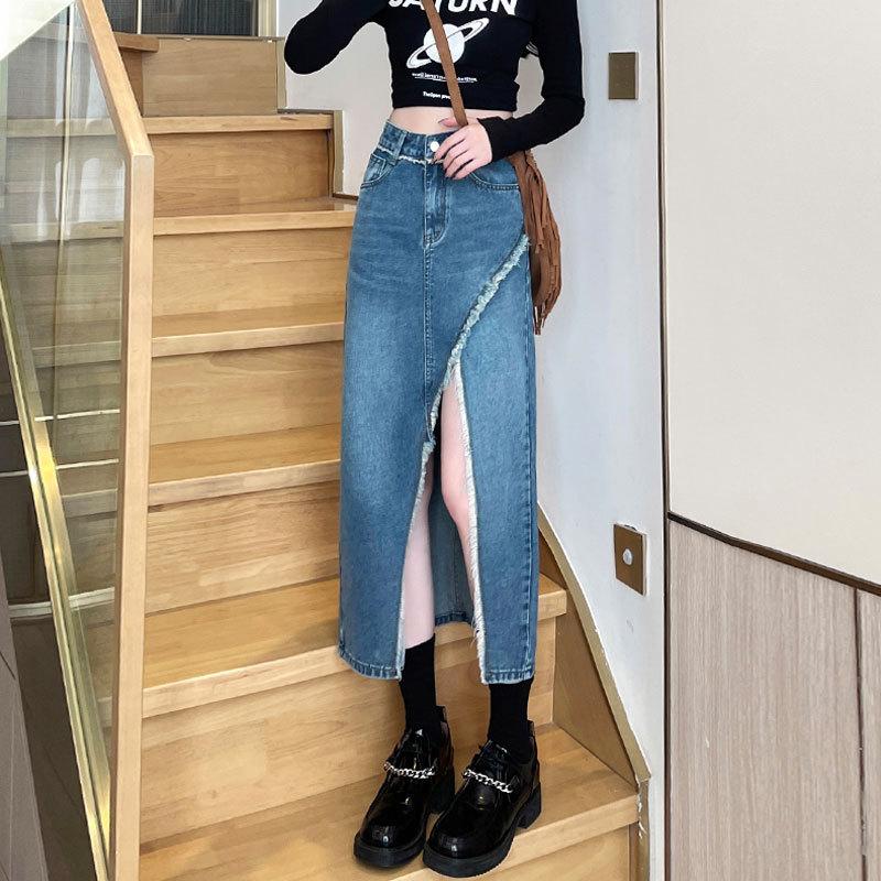 Необработанный край Дизайн А-силуэта Женская Нестандартная Винтажная Высокая Талия Разрез Пакет Бедра Средней Длины Юбка Универсальная Удобная Модная Джинсовая Юбка-Бюстье