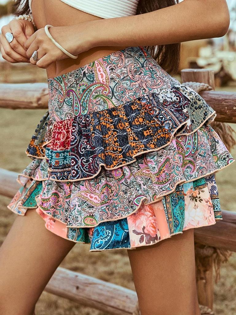 Bohemian Retro Paisley Color Block Party Skirt
