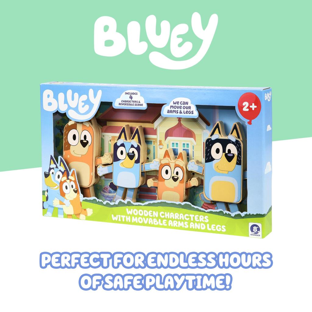 Деревянные фигурки персонажей Bluey, Набор из 4 штук, Цветные шарнирные деревянные игрушки для малышей, Включает Бинго, Чили и Бандита, Набор кубиков для возраста 3+