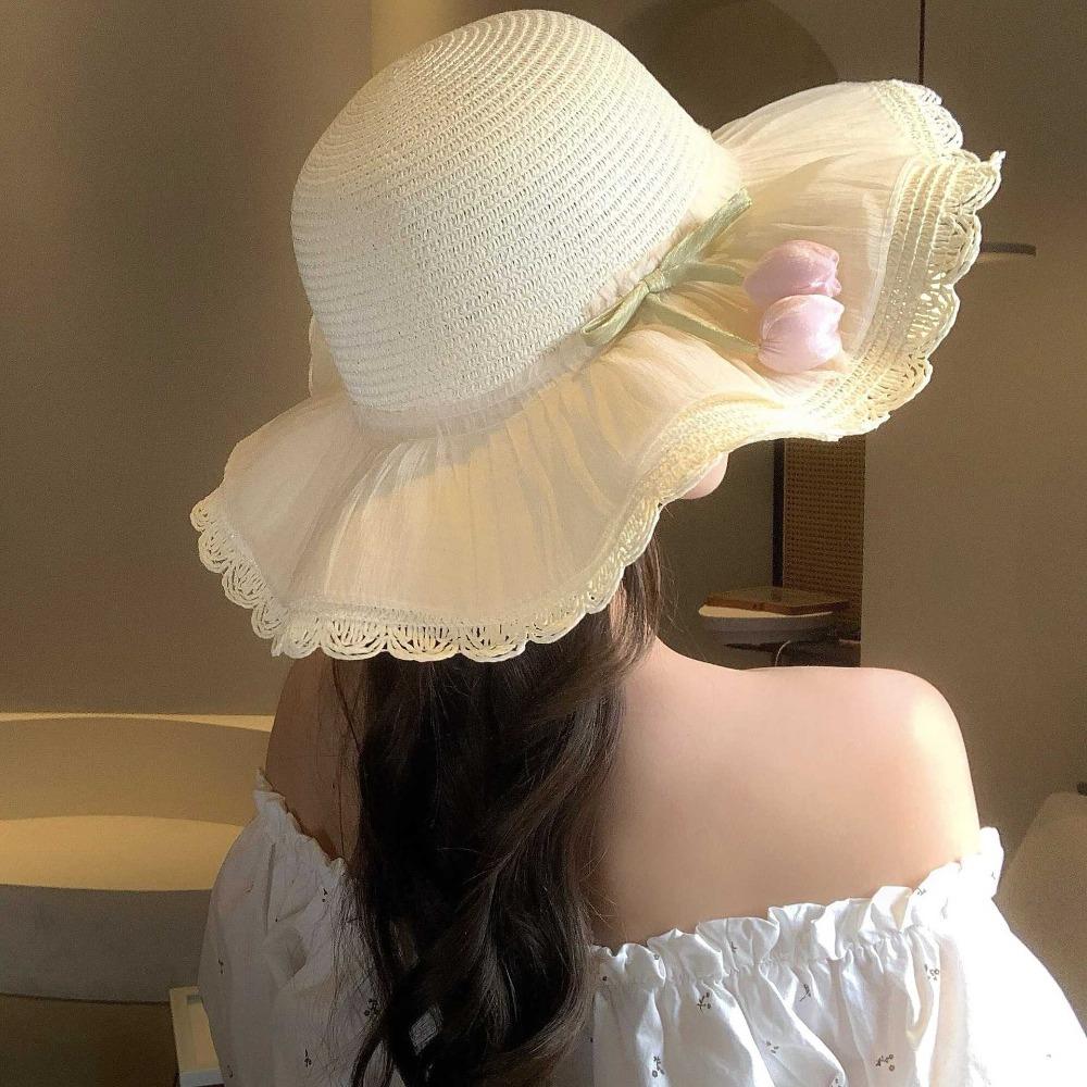 Korean Style Lace Tulip Sun Hat Wide Brim Bow Sunscreen Hat Simple Straw Woven Hat Beach