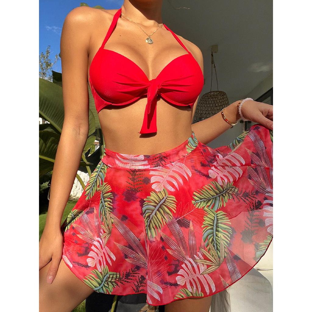 Ladies Swimsuit Biquini Outfits Summer Halter Bra+Thong+Skirts Three Piece Bathing Suit Sexy Flower Print Beach Bikini For Women