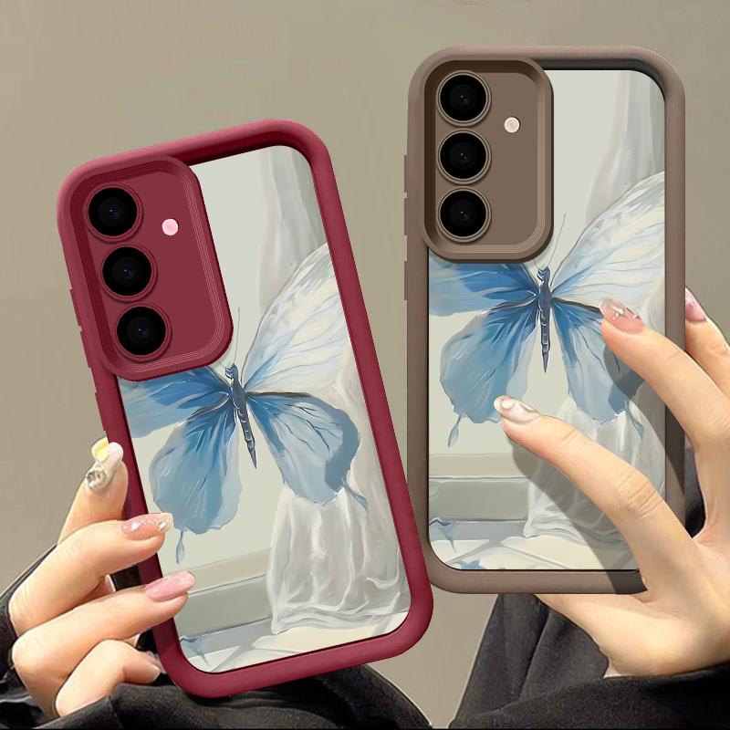 Чехол для Samsung S24 S23 Ultra S22 Plus S21 FE S20 A54 A53 A35 A34 A14, матовый силиконовый противоударный мягкий чехол с синей бабочкой