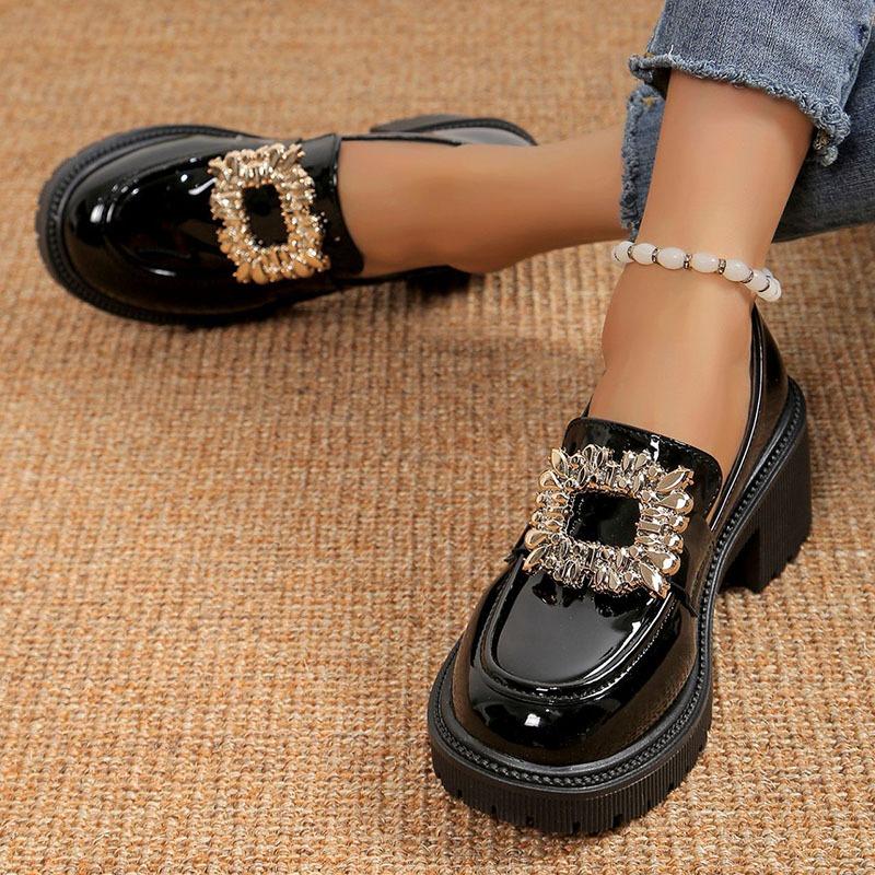 Туфли со стразами и квадратной пряжкой, женские, 2024, новые туфли-лодочки с круглым носком, черные лакированные туфли Мэри Джейн, модные женские туфли-лоферы без застежек