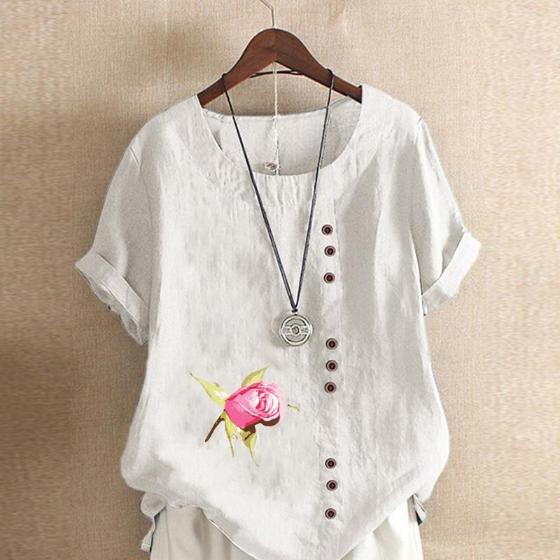 Women's Fashion Round Neck Short Sleeve T-shirt Casual Cotton Linen Graphic Shirt Leisure Loose Flower Prined Summer Blouse Tops Plus Size