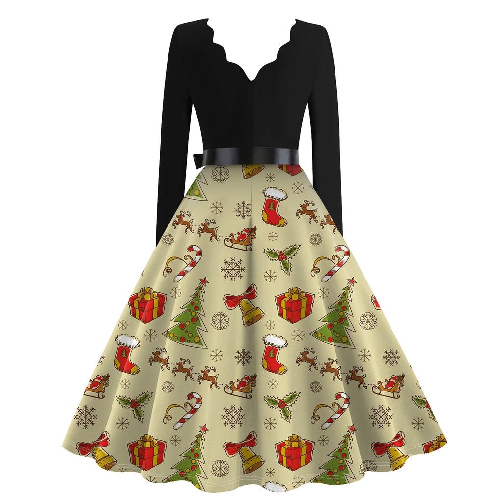 Ladies Casual Fashion V-Neck Long Sleeve Christmas Print Vintage Dress