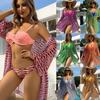 Women's Fashion Sexy 3 Pieces Sun Protection Swimwear Set Push Up Lace Up Back Top Briefs Long Sleeves Mesh Cover-Up Swimsuit Printed Bathing Suit