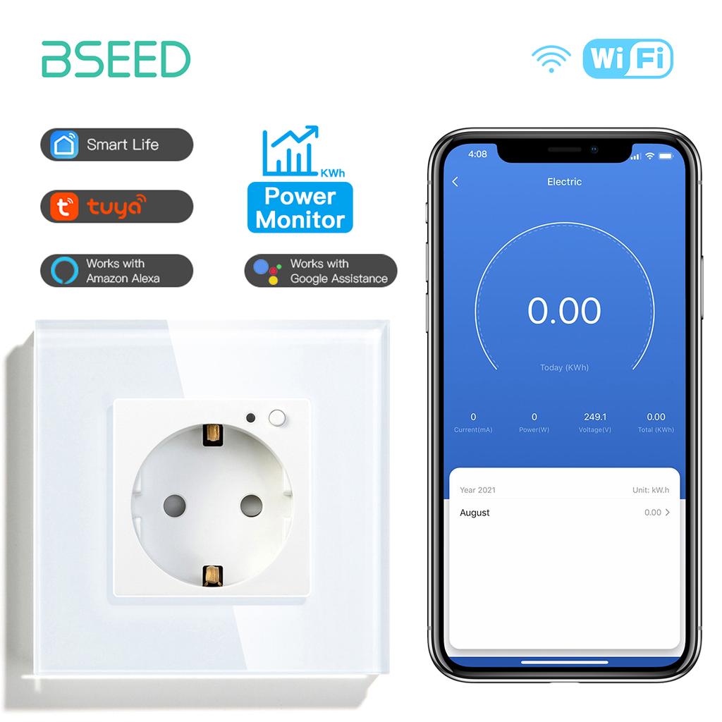 BSEED Wifi Sockets EU Wall Socket Smart Tuya Electric Sockets Power Monitor Google Smart Life Alexa Voice Control Glass Panel