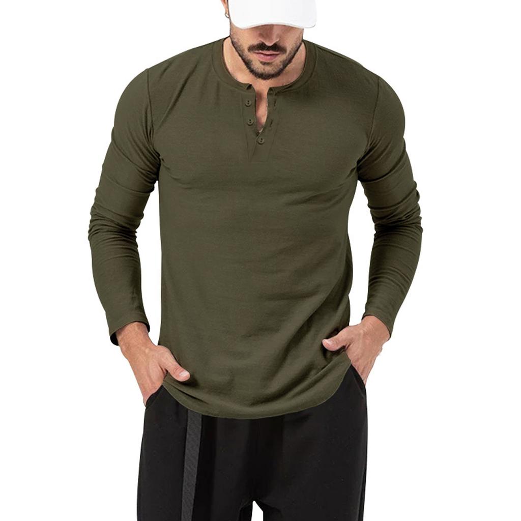 Men's Round Tie Button T-shirt Solid Color Casual Fashion Long-sleeved Top
