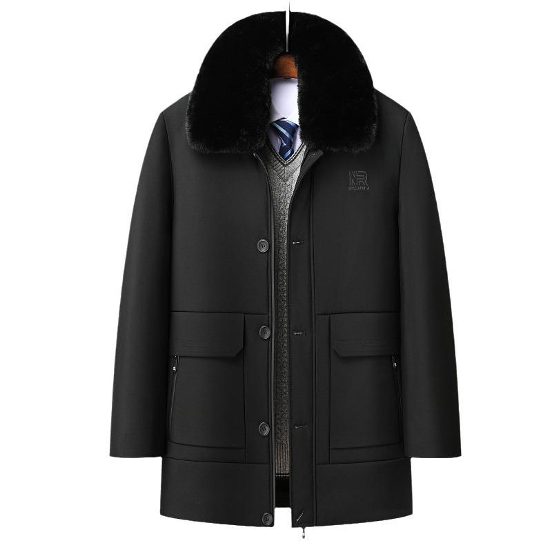 Мужское толстое пуховое пальто средней длины с меховым воротником - стильная хлопковая верхняя одежда для пап среднего и пожилого возраста