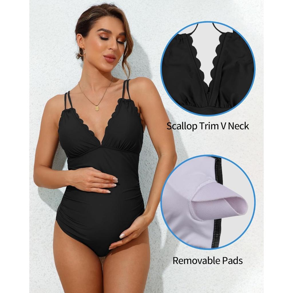 CHARMLEAKS Купальник для беременных с отделкой гребешком, цельный купальный костюм для беременных с v-образным вырезом и рюшами, купальник с вырезом и завязкой на спине