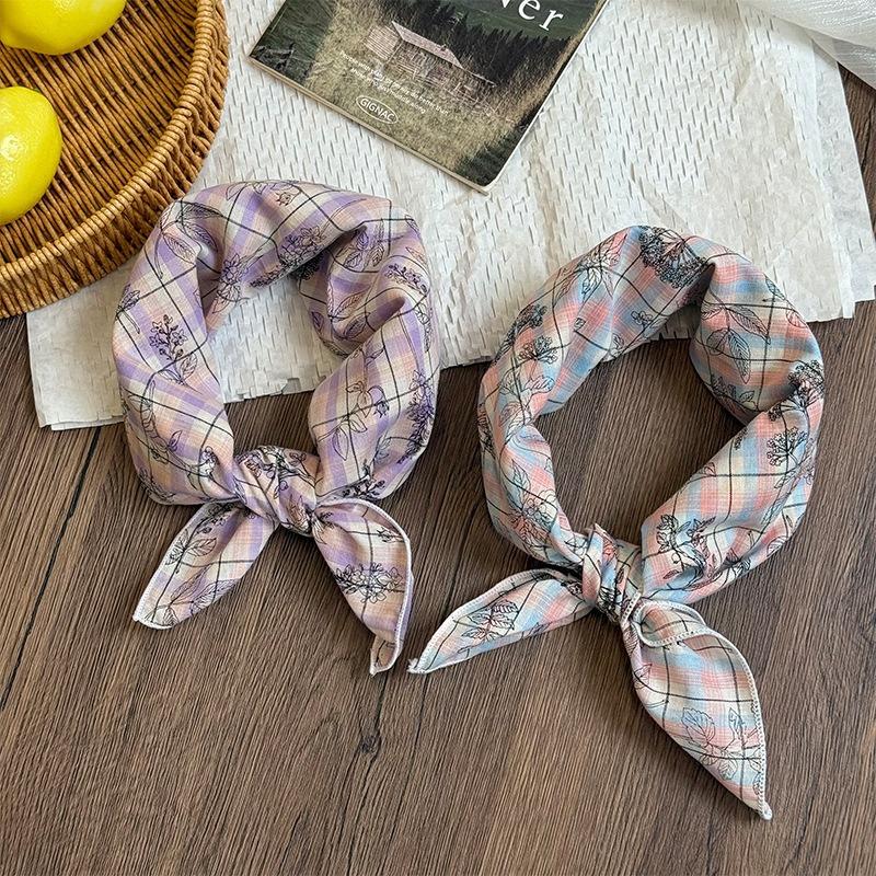 Silk Scarf Neck Small Square Scarf New Fresh Yellow-green Pink-purple Plaid Scarf Headscarf Summer Pastoral Headband Tied Hair Streamer