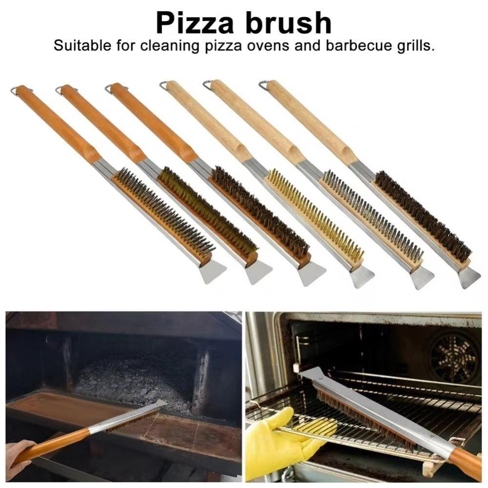 Wood Handle Grill Cleaning Brush with Scraper Pizza Stone Cleaner Brush for Oven