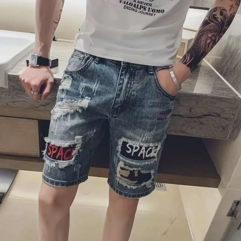 2022 Мужские корейские модные рваные джинсовые шорты - летние брюки средней длины