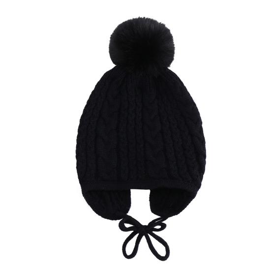 Children Hat Plush Ball Decor Twist Texture Lace-up Knitting Hat Solid Color Design Breathable Warm Winter Hat