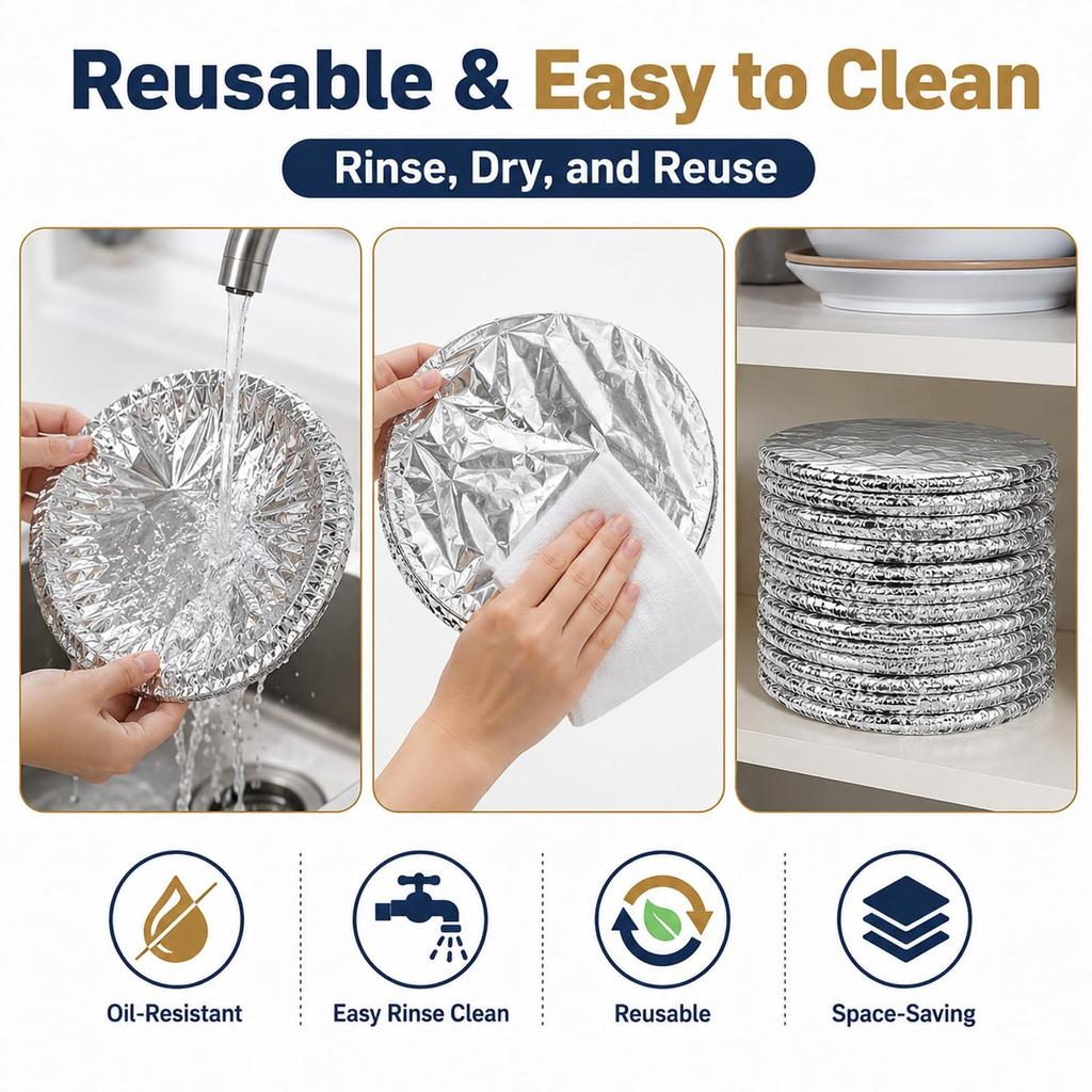 Reusable Aluminum Foil Food Covers 30 Pack - Stretchable Edges for Bowls, Plates and Food Containers, Heat Retention Temperature Range -60° to 140°