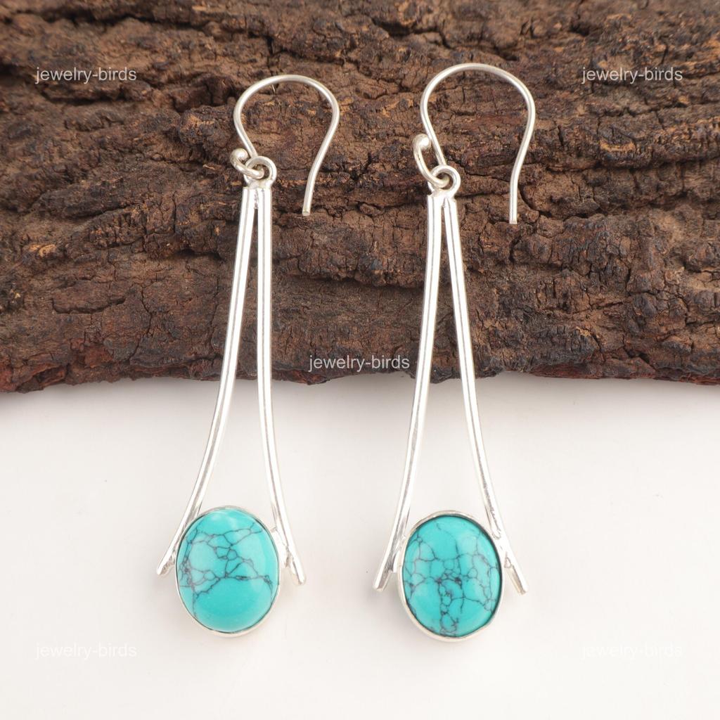 Овальные серьги-подвески с крючками из камня бирюзы, ювелирные изделия из стерлингового серебра 925 пробы EE-136-33