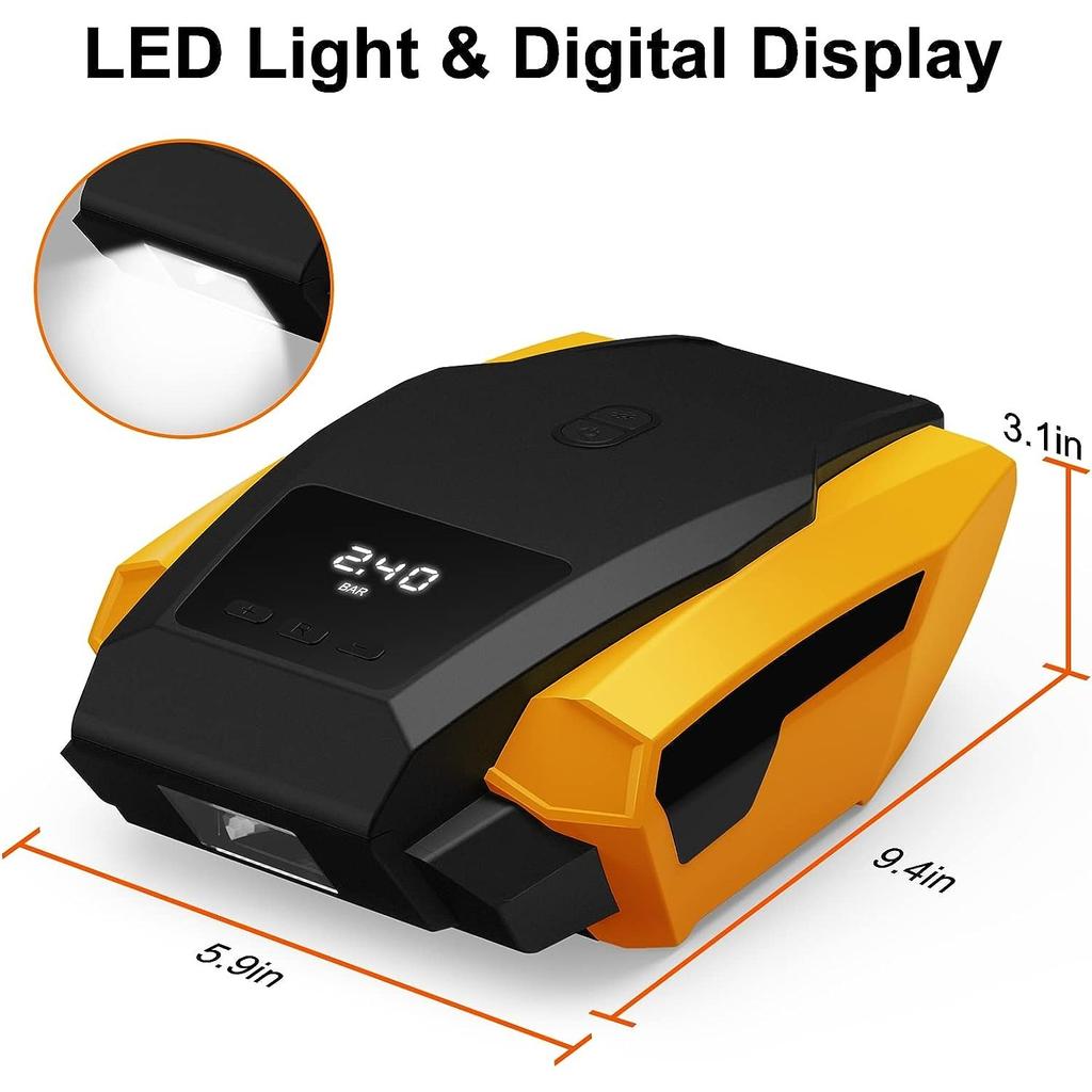 Electric Air Pump, 12V Air Compressor, Portable Compressor with LED Light Inflator Compressor Portable for Car Tires, Bicycle and Others
