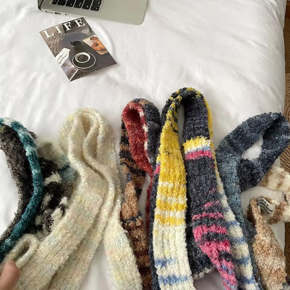 Multicolour Knitted Scarf Rainbow Stripe Thin Scarf Y2K Narrow Strip Scarf