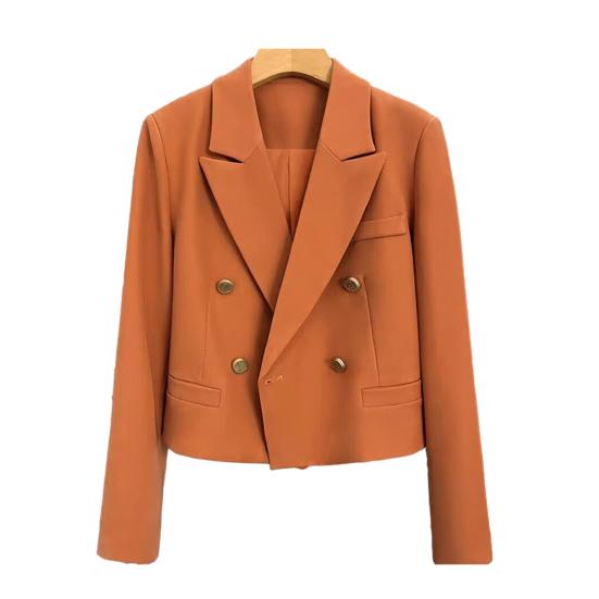 Spring Women Breasted Office Cropped Blazer Lapel Solid Color Long Sleeve Double Jacket Suit Coat