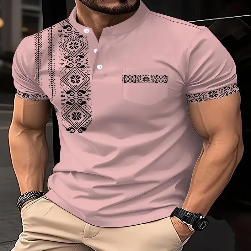 Ethnic Print Men's Summer Polo Shirt Casual Stand Collar Button Short Sleeved White with Black Gray Geometric Pattern Is Very Suitable for Going Out