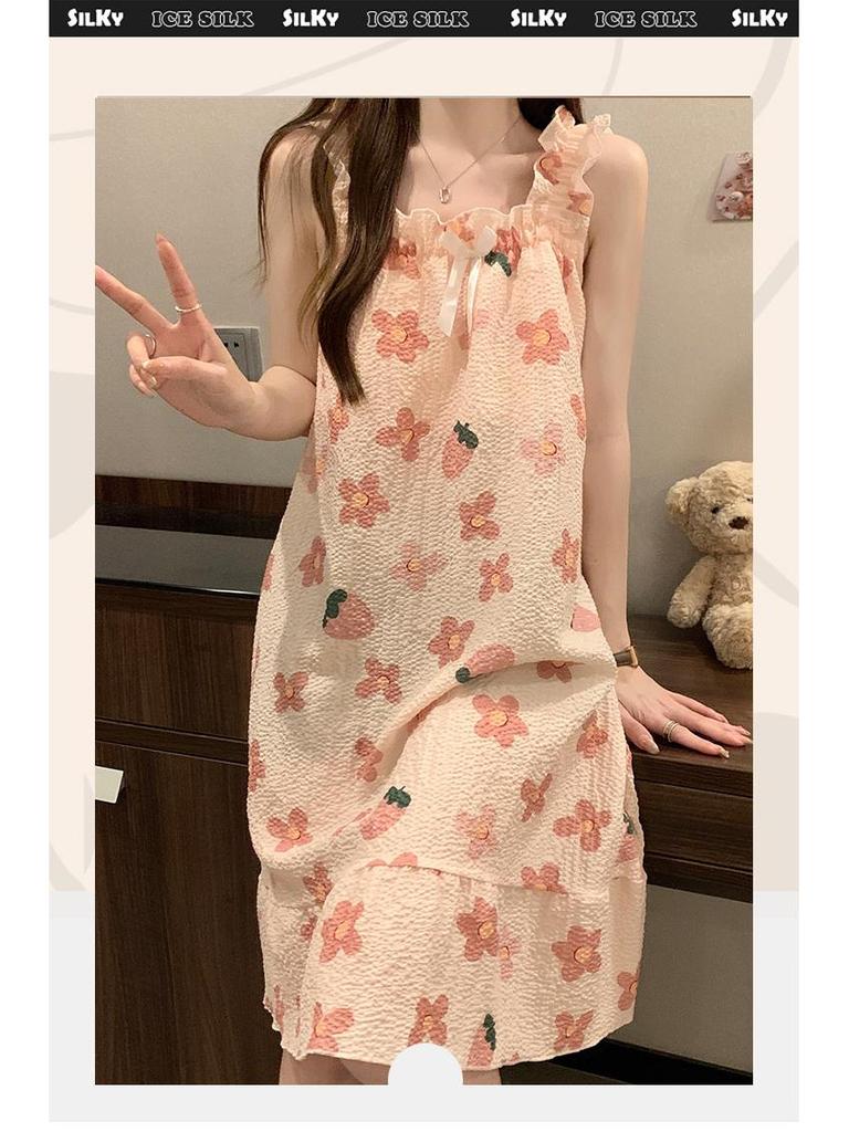 Женская летняя ночная рубашка из хлопка с пузырьками и подтяжками на груди — легкая, стильная домашняя одежда для дома и улицы