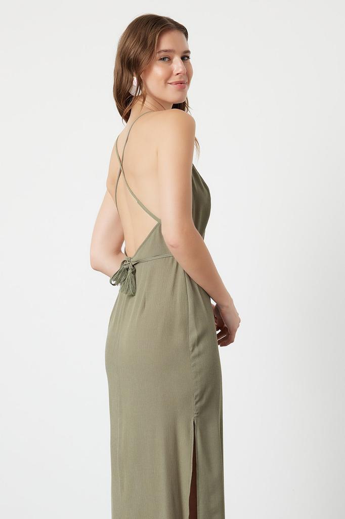 Женское стильное платье Черное тканое пляжное платье миди с открытой спиной