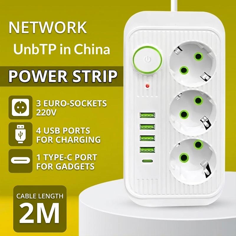EU Power Strip with USB Type-C Charging Ports 220V Extension Socket KR EU Plug for Vacation Rental Use