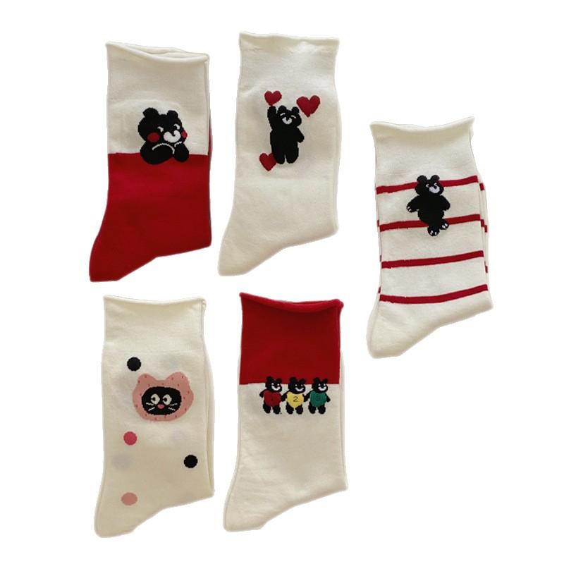 Свернутые носки для женщин, осенние красные и белые носки до середины икры, мультяшные носки-пиле с медведем, полосатые бесшовные носки