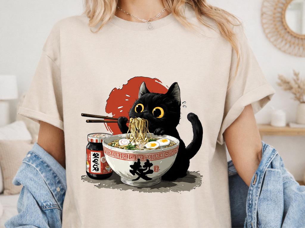 Black Cat Ramen Shirt, Cute Cat Eating Noodles Tee, Kawaii Cat Shirt, Anime Food Shirt, Funny Cat Lover Gift, Japanese Ramen Shirt