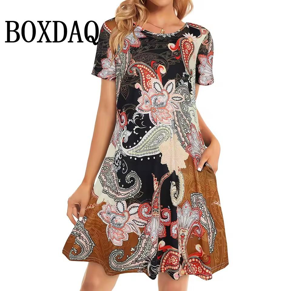 Летнее повседневное платье женское модное свободное платье с круглым вырезом и принтом в стиле ретро с цветами элегантное платье для отпуска с коротким рукавом А-силуэта женское