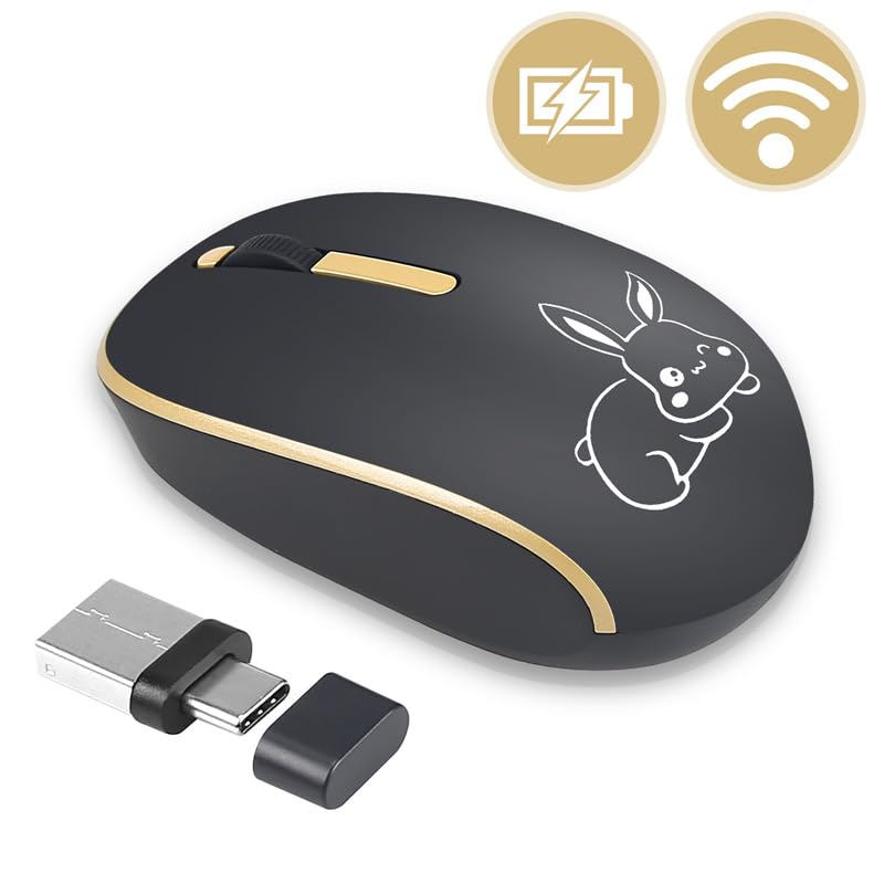 Wireless Mouse, USB & Type-C, 2-in-1 Receiver, 2.4G, Quiet, 3-Level Energy-Saving Mode, Cordless, Microsoft, Compact, Rabbit Design, Compatible with