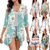 Women's Print Irregular Three-quarter Sleeve Cardigan With Pocket Jacket