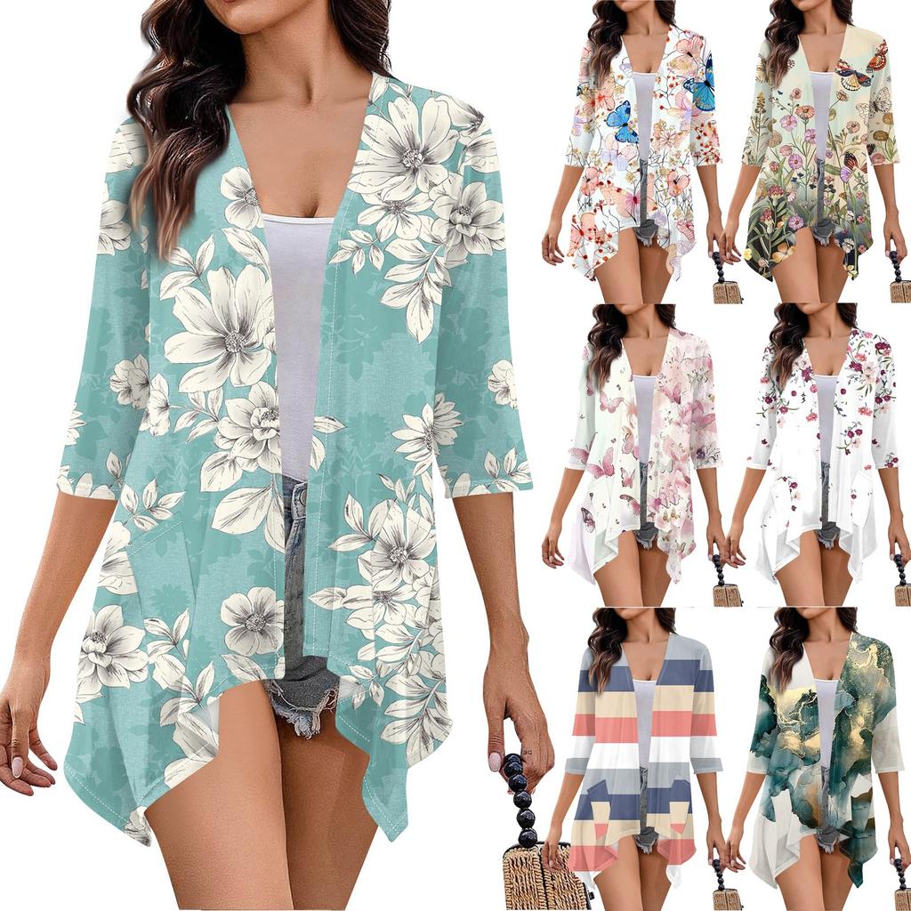 Women's Print Irregular Three-quarter Sleeve Cardigan With Pocket Jacket