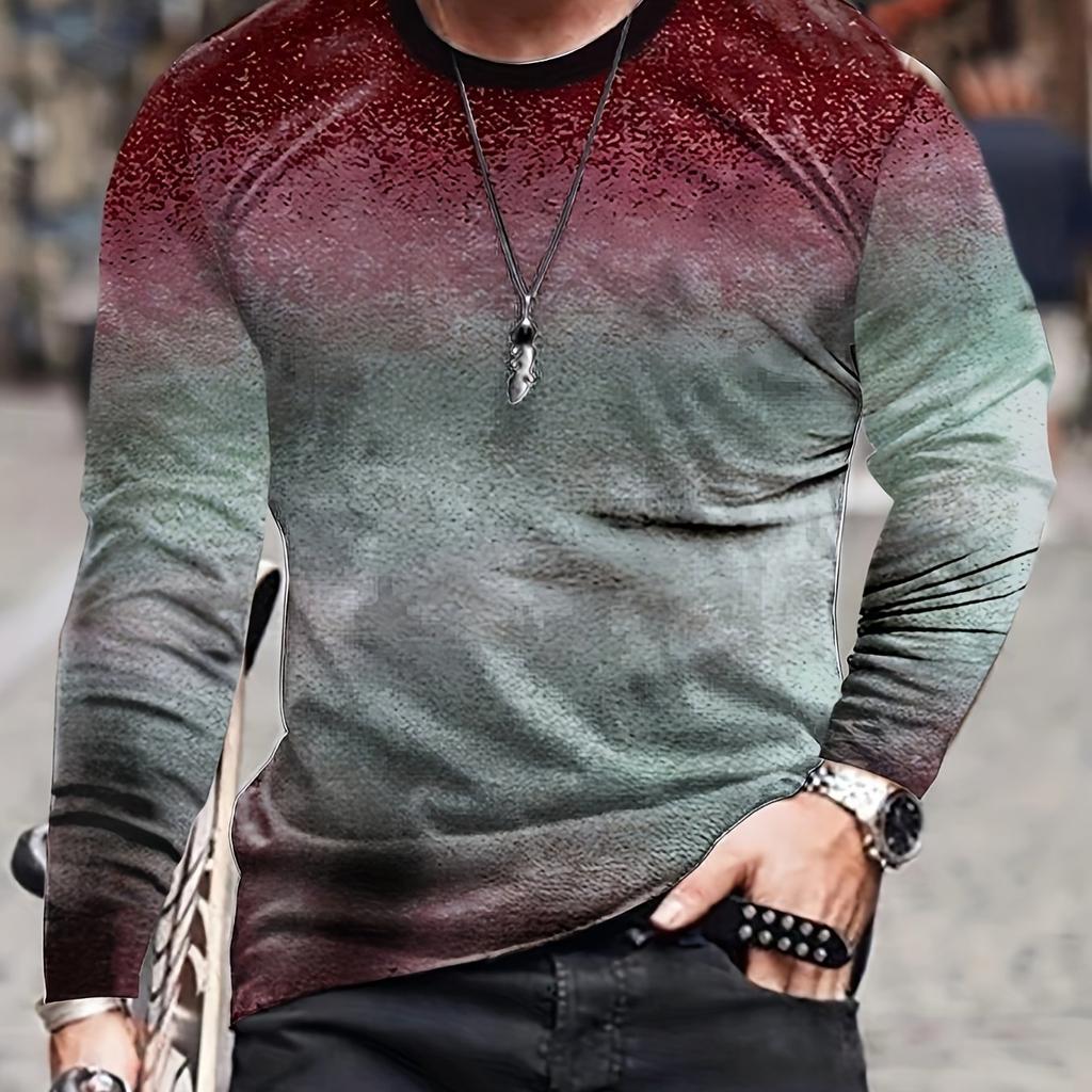 Men's 3D Printed Gradient Long Sleeve T-shirt Spring And Autumn Fashion Casual Retro Style Oversized Round Neck Tees Tops
