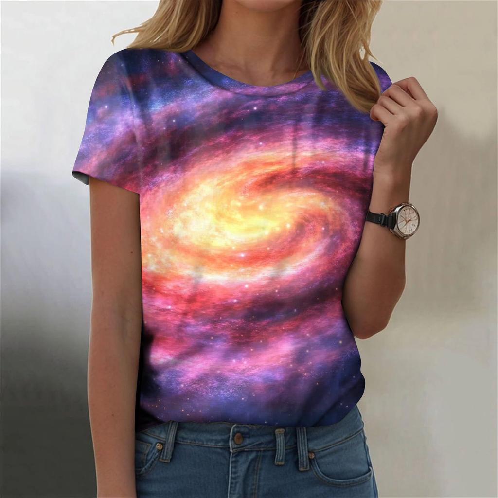 Женская мода Sky Print модная универсальная облегающая футболка с коротким рукавом