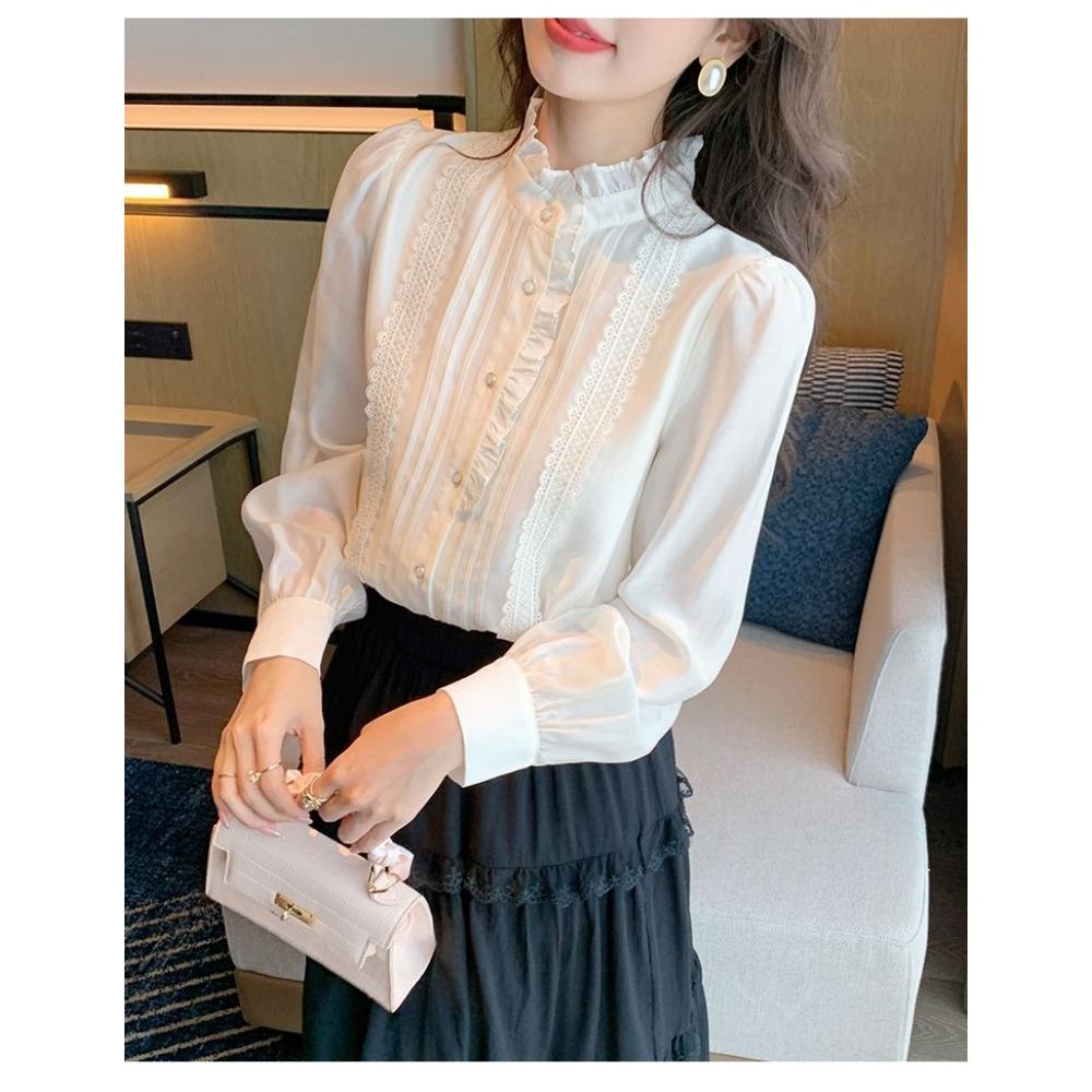 Французская высококлассная рубашка с длинными рукавами и воротником-стойкой для женщин, с шикарным омолаживающим темпераментом