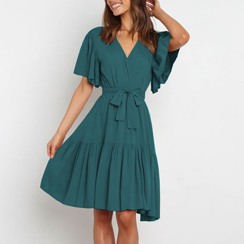 Модное женское однотонное повседневное платье с v-образным вырезом и коротким рукавом на талии