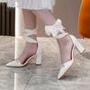 Fashion Chunky Heel Pointed Toe Hollow Out Rhinestone Bow Strap Wedding Bridal Party Shoes