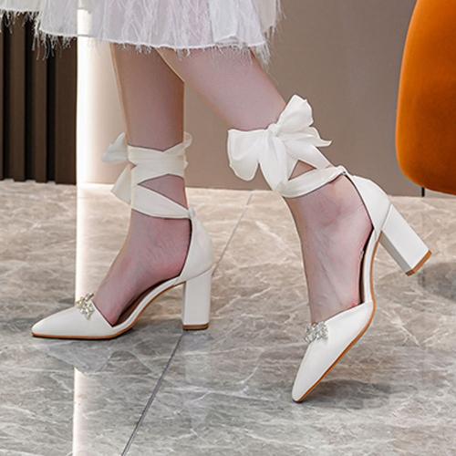 Fashion Chunky Heel Pointed Toe Hollow Out Rhinestone Bow Strap Wedding Bridal Party Shoes