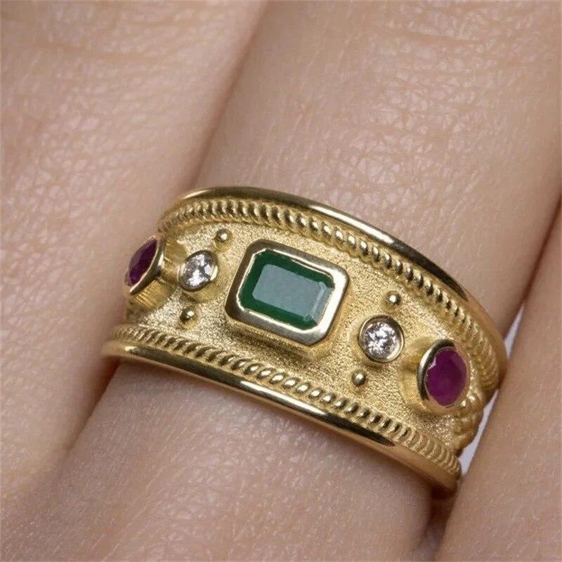 Роскошные мужские кольца золотого цвета, круглые, квадратные, классический винтажный дизайн, зеленый, красный камень, аксессуары для вечеринок, подарок